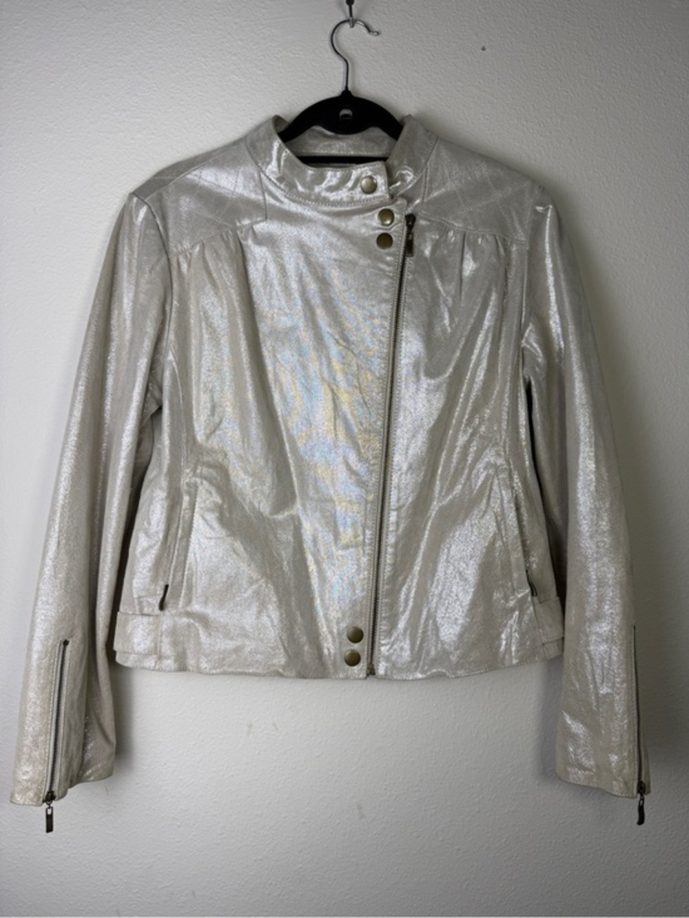 LIVE A LITTLE Womens Jacket M Pearlescent Leather Pearl Metallic Moto Shimmer